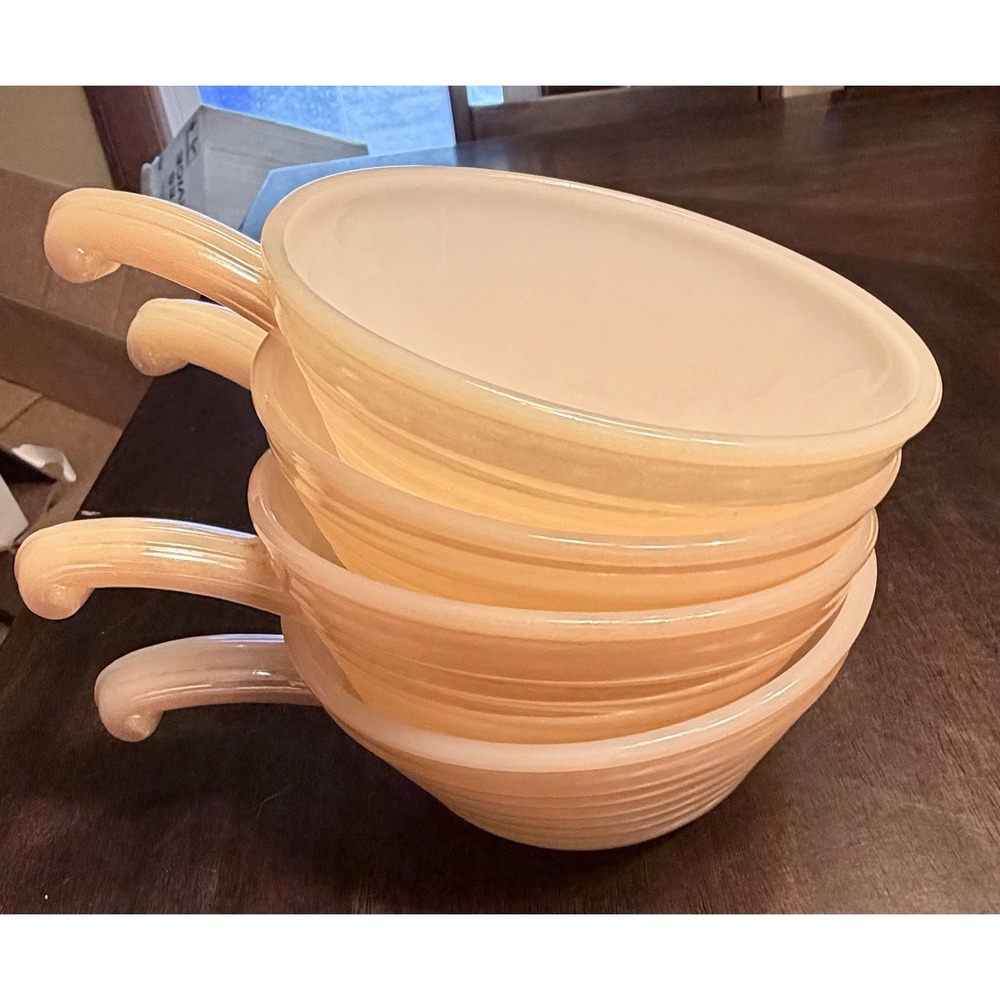 Vintage Fire King Peach Luster Beehive Handled Soup Bowls set of 4
